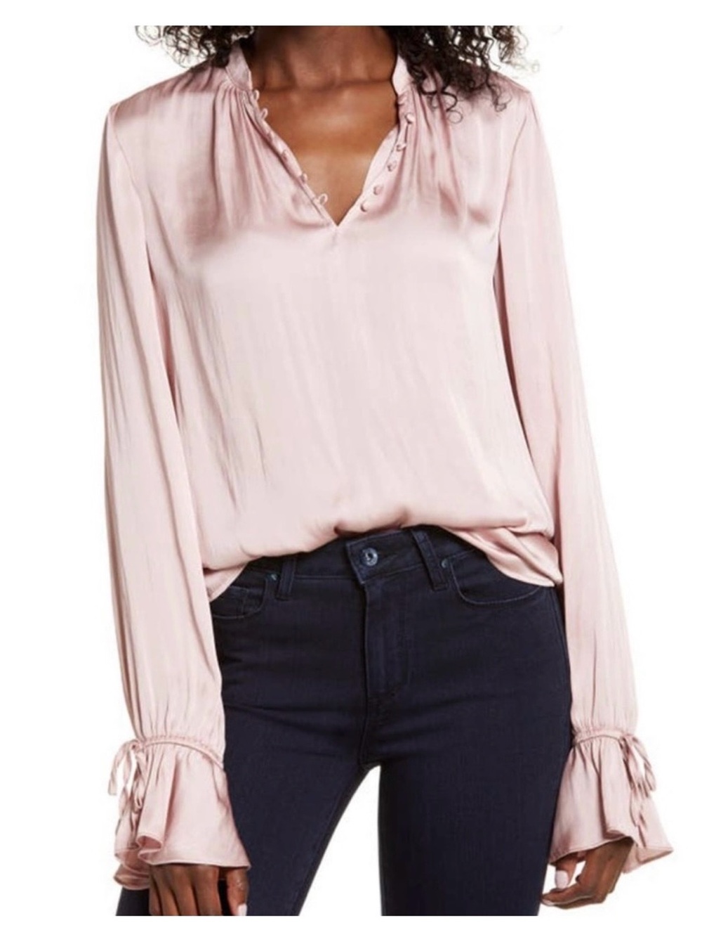 PAIGE Pale Pink Satin V-Neck Blouse with Ruffle Cuffs